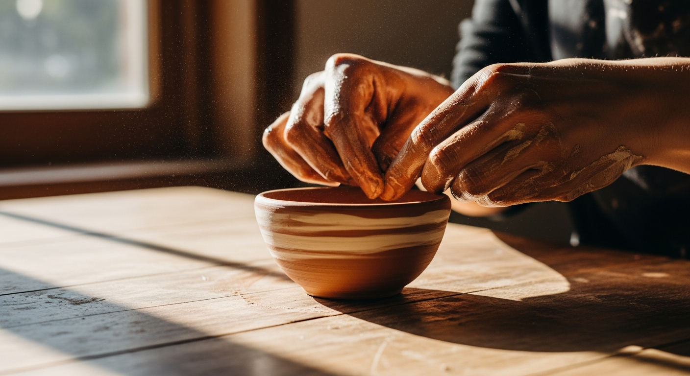 Мастер лепит изделие из глины руками